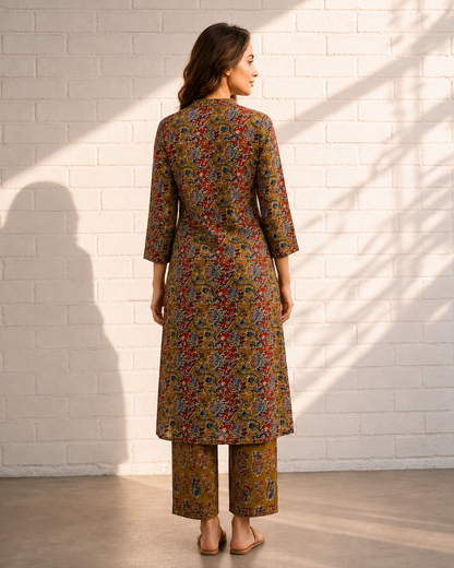 Olive Mustard Kalamkari Print Cotton Co-ord Set – Straight Kurti & Pants | Women's Ethnic Wear