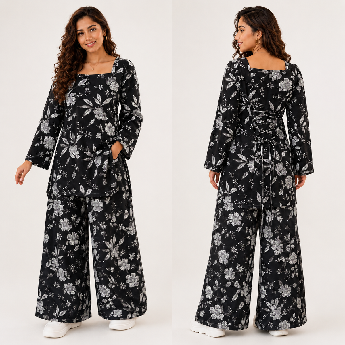 Black Floral Co-ord Set | Square Neck Bell Sleeve Kurta with Wide-Leg Palazzo Pants | Pure Cotton