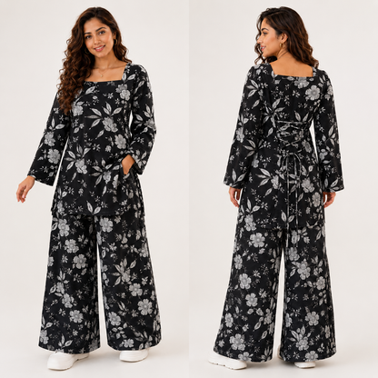 Black Floral Co-ord Set | Square Neck Bell Sleeve Kurta with Wide-Leg Palazzo Pants | Pure Cotton