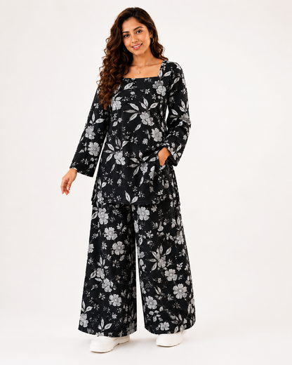 Black Floral Co-ord Set | Square Neck Bell Sleeve Kurta with Wide-Leg Palazzo Pants | Pure Cotton