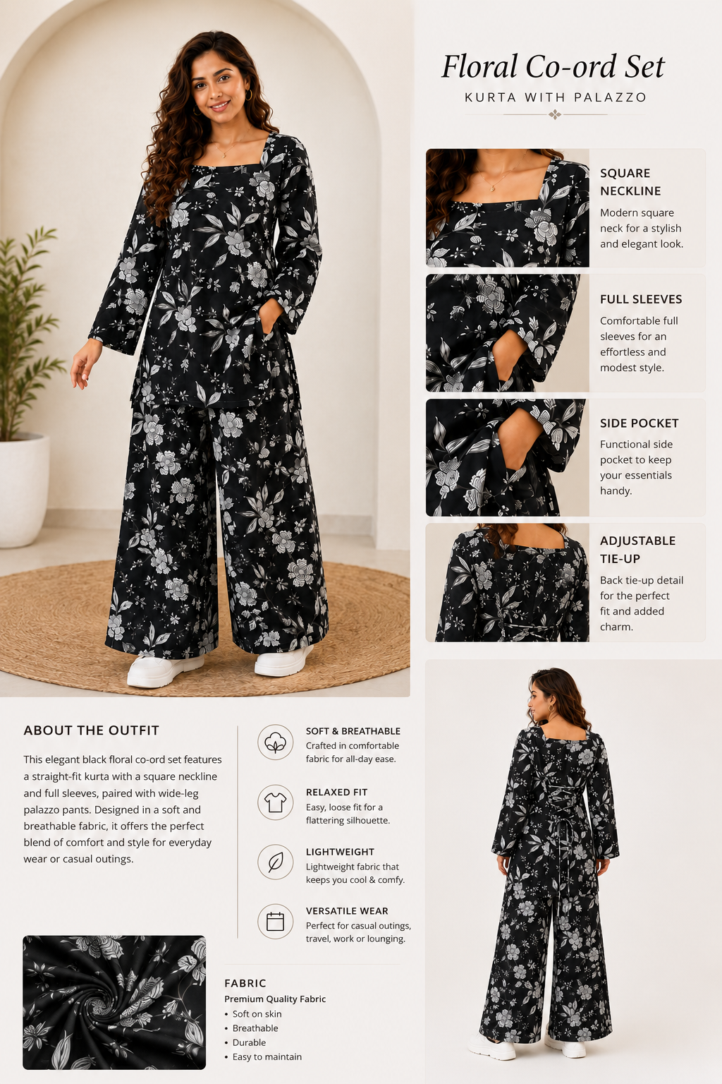 Black Floral Co-ord Set | Square Neck Bell Sleeve Kurta with Wide-Leg Palazzo Pants | Pure Cotton