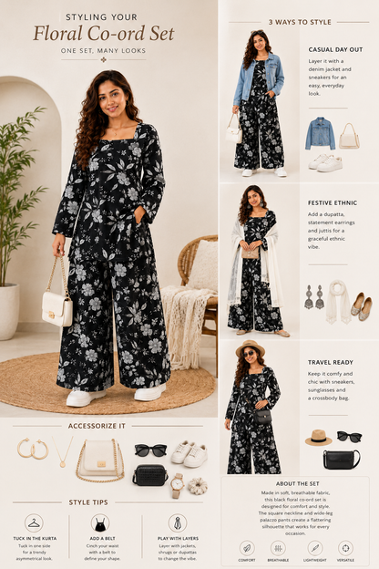 Black Floral Co-ord Set | Square Neck Bell Sleeve Kurta with Wide-Leg Palazzo Pants | Pure Cotton