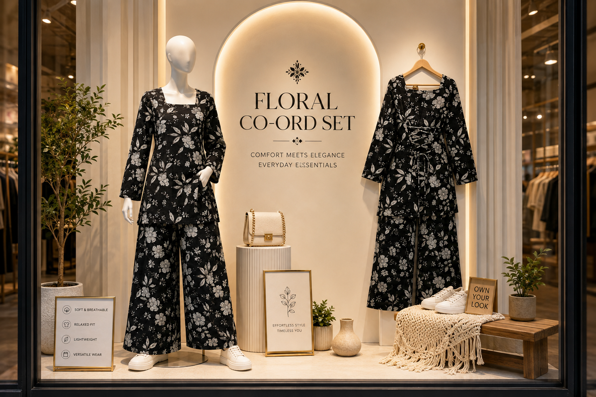 Black Floral Co-ord Set | Square Neck Bell Sleeve Kurta with Wide-Leg Palazzo Pants | Pure Cotton