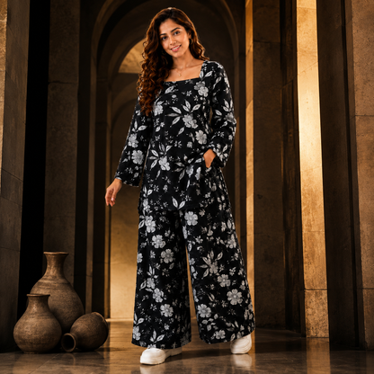 Black Floral Co-ord Set | Square Neck Bell Sleeve Kurta with Wide-Leg Palazzo Pants | Pure Cotton