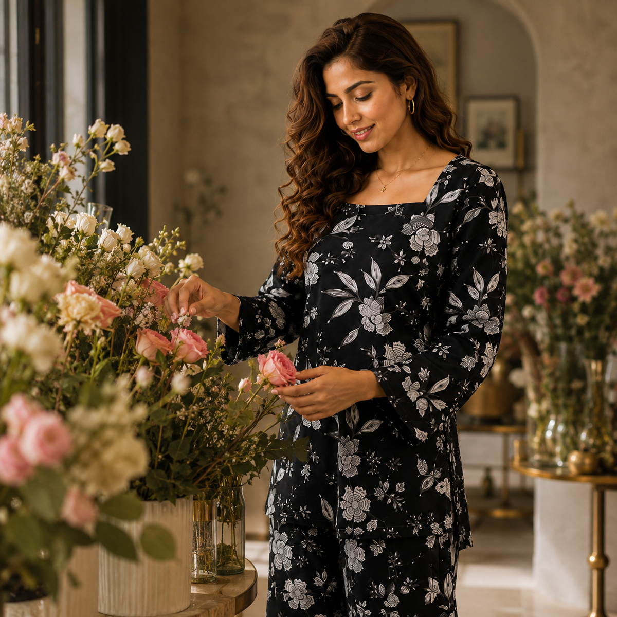 Black Floral Co-ord Set | Square Neck Bell Sleeve Kurta with Wide-Leg Palazzo Pants | Pure Cotton