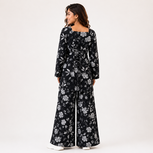 Black Floral Co-ord Set | Square Neck Bell Sleeve Kurta with Wide-Leg Palazzo Pants | Pure Cotton