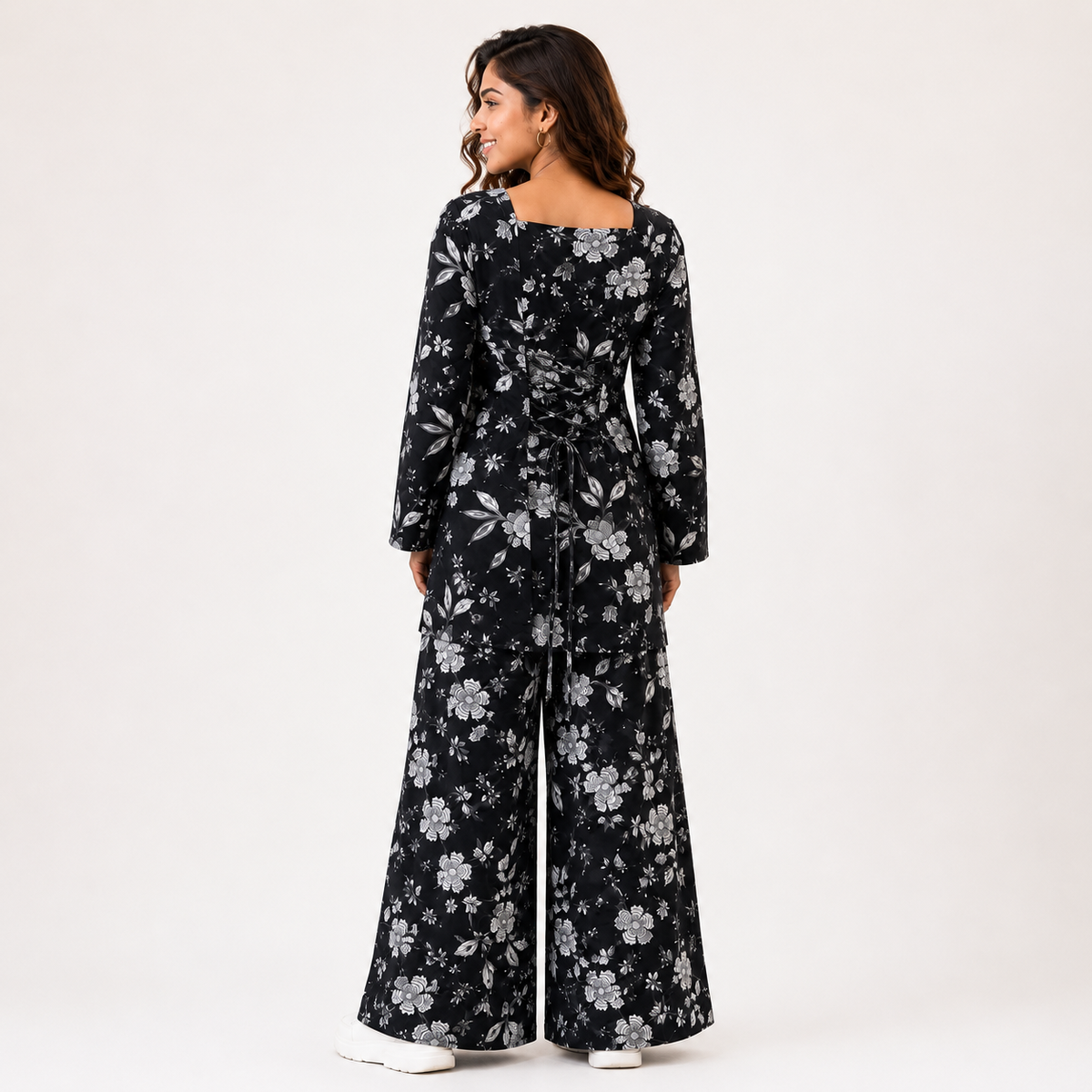 Black Floral Co-ord Set | Square Neck Bell Sleeve Kurta with Wide-Leg Palazzo Pants | Pure Cotton