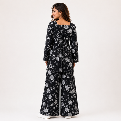 Black Floral Co-ord Set | Square Neck Bell Sleeve Kurta with Wide-Leg Palazzo Pants | Pure Cotton