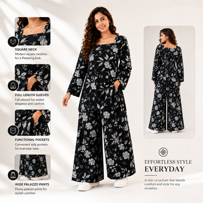 Black Floral Co-ord Set | Square Neck Bell Sleeve Kurta with Wide-Leg Palazzo Pants | Pure Cotton