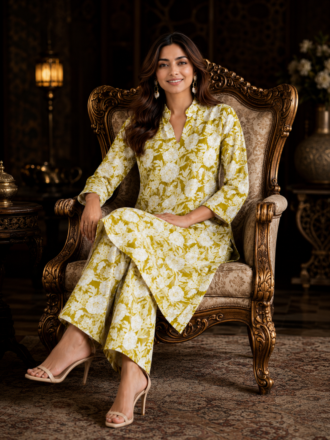 Lime Yellow White Floral Print Cotton Co-ord Set – Kurti & Wide-Leg Palazzo | Women's Ethnic Wear