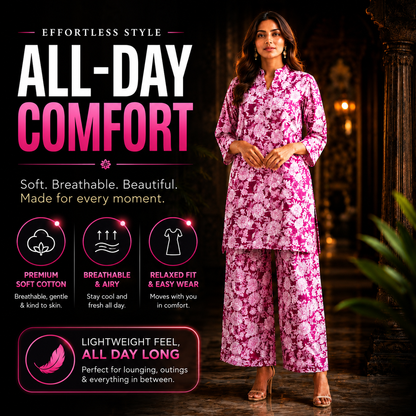 Magenta White Floral Print Cotton Co-ord Set – Kurti & Wide-Leg Palazzo | Women's Ethnic Wear
