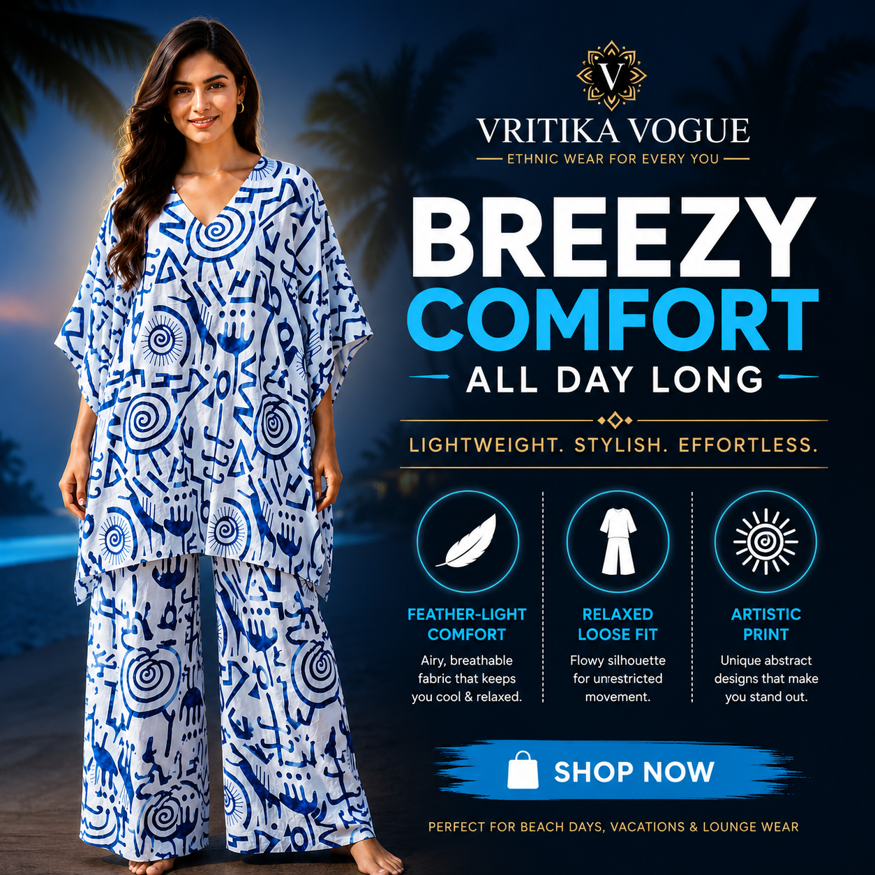 VRITIKA VOGUE Blue Abstract Print Kaftan Wide Leg Pants Co-ord Set - promotional banner