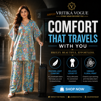 Floral Kaftan & Wide Leg Pants Co-ord Set | Printed Cotton Co-ord for Women
