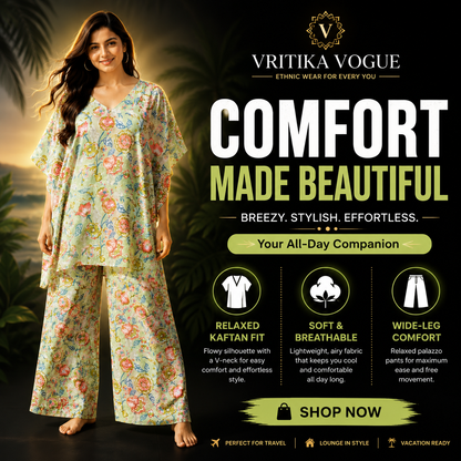 VRITIKA VOGUE Sage Green Floral Kaftan Wide Leg Pants Co-ord Set - Comfort Made Beautiful promotional banner