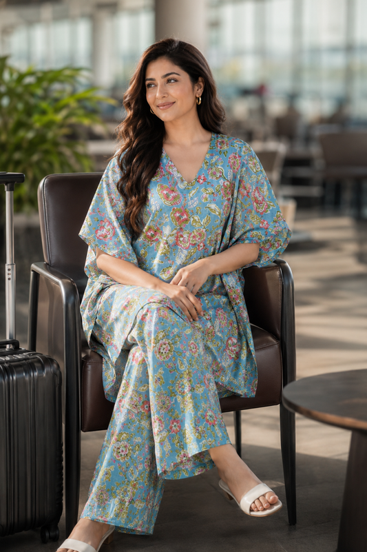 Woman wearing floral kaftan wide leg pants co-ord set at airport - front view