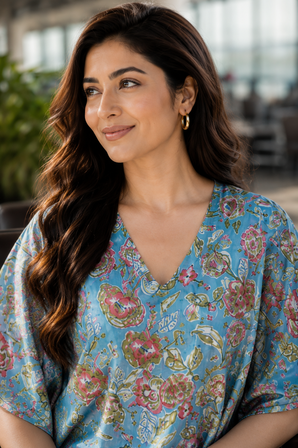 Woman wearing floral kaftan co-ord set at airport - back view
