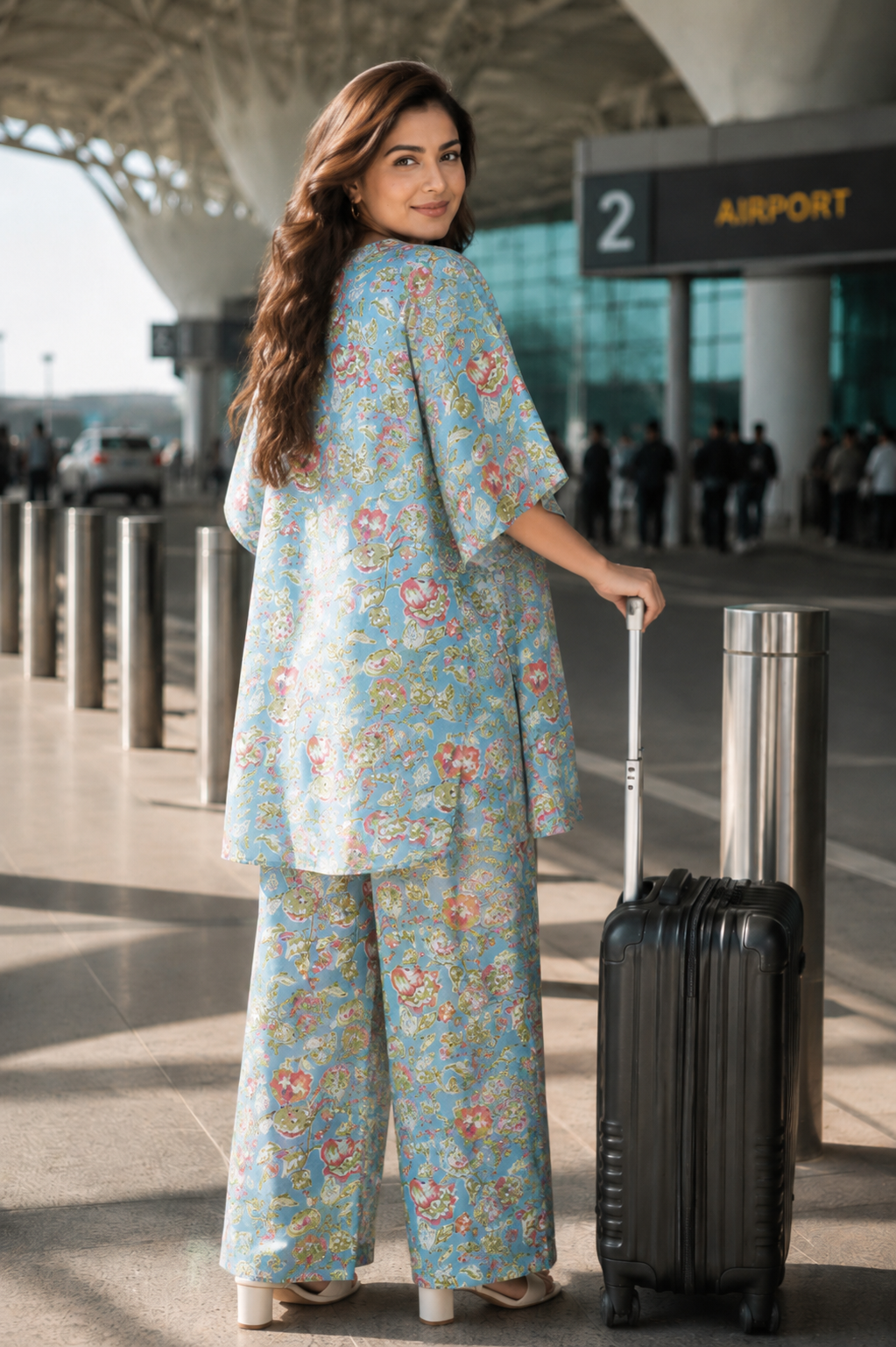 Woman sitting in floral kaftan wide leg pants co-ord set at airport lounge
