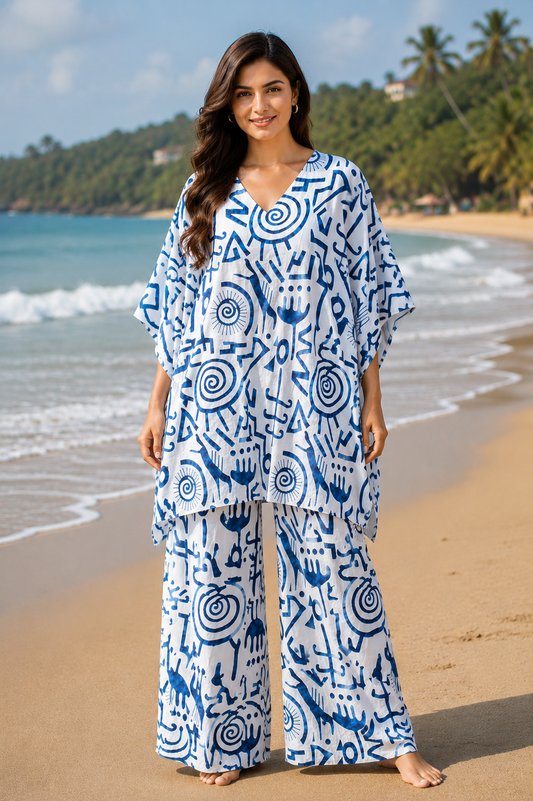 Woman wearing blue abstract print kaftan co-ord set standing on beach - front view