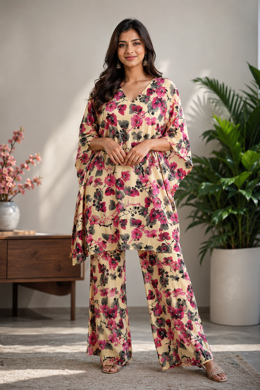 VRITIKA VOGUE Cream Magenta Floral Kaftan Wide Leg Pants Co-ord Set - Effortless Elegance All Day Comfort promotional banner