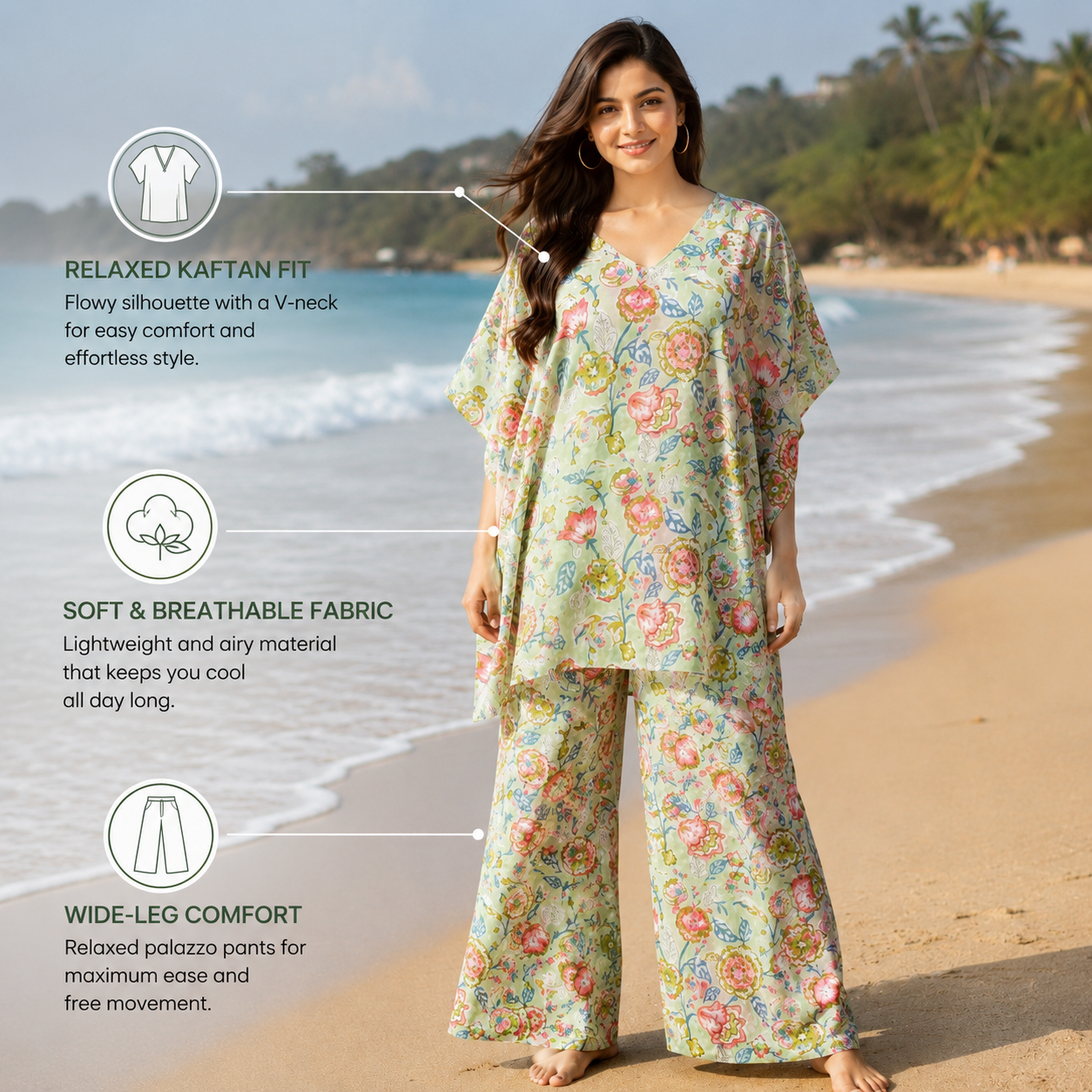Sage green floral kaftan co-ord set feature callout - relaxed kaftan fit, soft breathable fabric, wide leg comfort