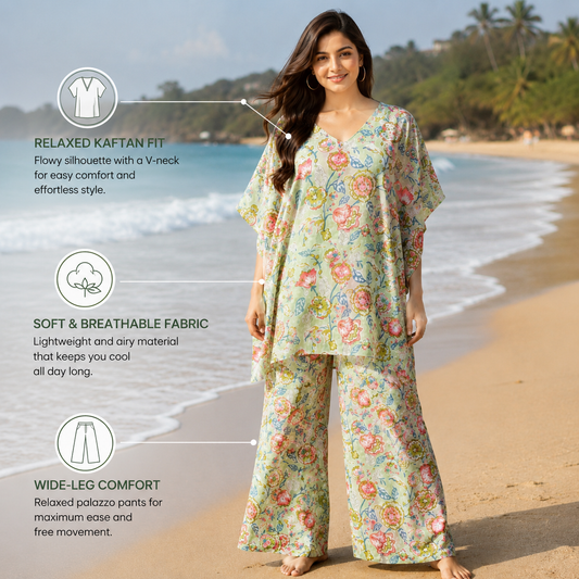 Sage green floral kaftan co-ord set feature callout - relaxed kaftan fit, soft breathable fabric, wide leg comfort