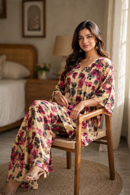 Woman wearing cream magenta floral kaftan wide leg pants co-ord set - front view indoor