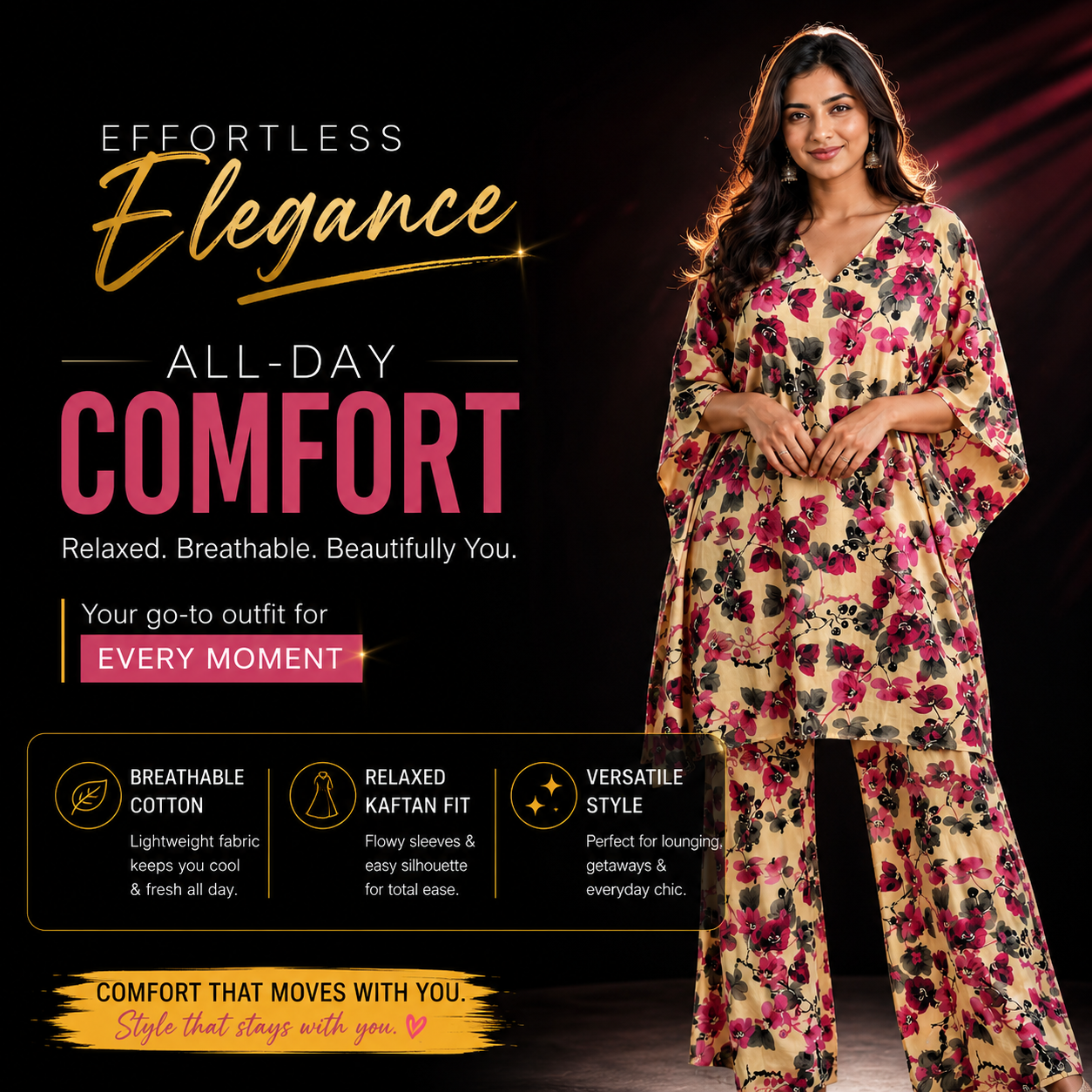 Woman wearing cream magenta floral kaftan co-ord set - back view showing full silhouette