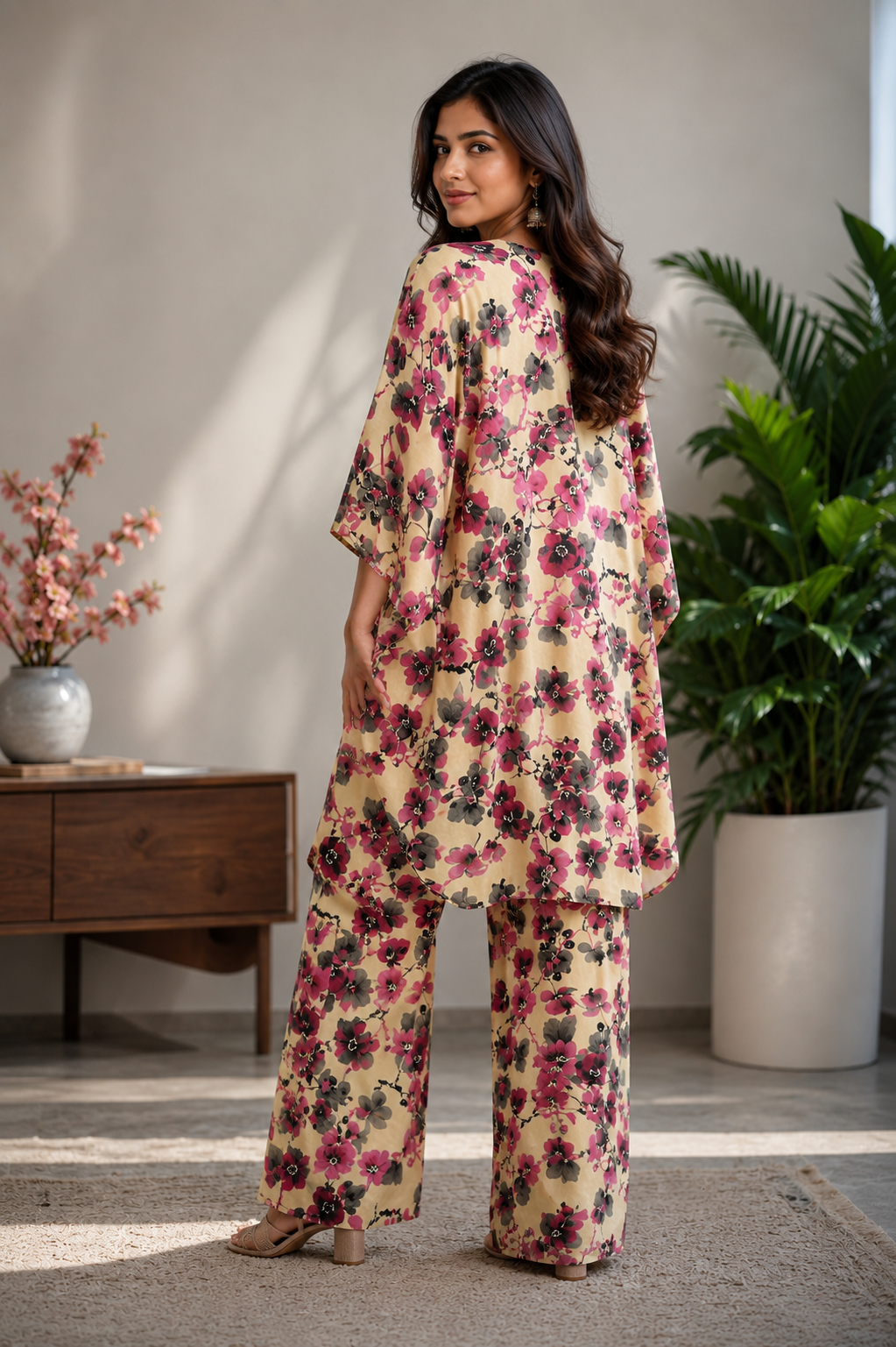Close up of cream magenta floral kaftan V-neckline button detail and fabric print