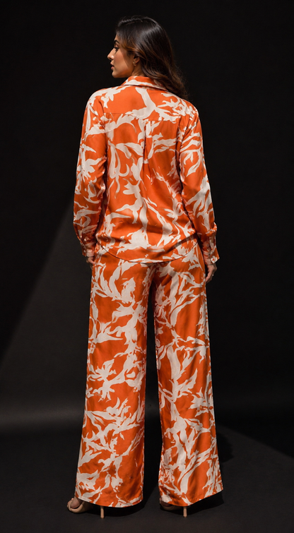 Orange Abstract Print Co-ord Set – Full Sleeve Shirt & Palazzo Pants