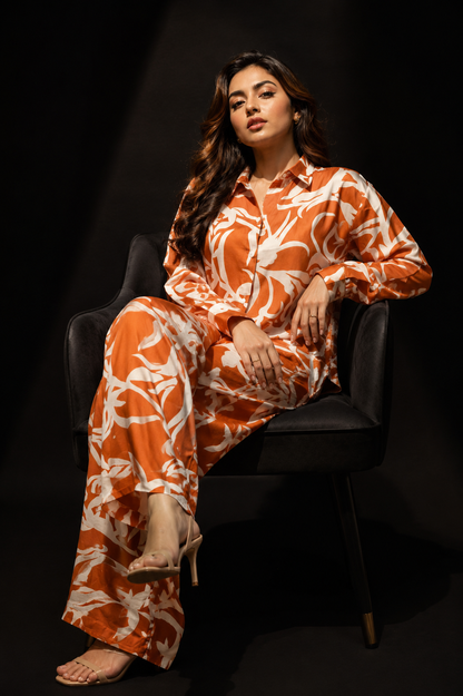 Orange Abstract Print Co-ord Set – Full Sleeve Shirt & Palazzo Pants
