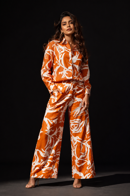 Orange Abstract Print Co-ord Set – Full Sleeve Shirt & Palazzo Pants