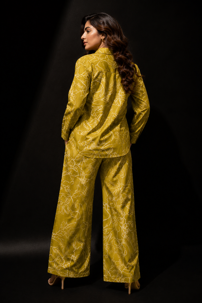 Mustard Yellow Printed Co-ord Set – Shirt & Wide Leg Pants