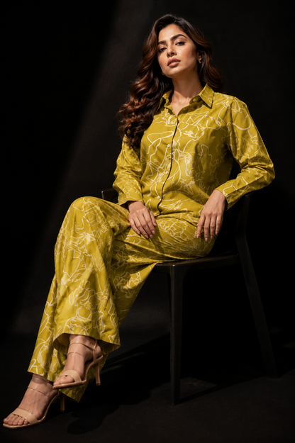 Mustard Yellow Printed Co-ord Set – Shirt & Wide Leg Pants