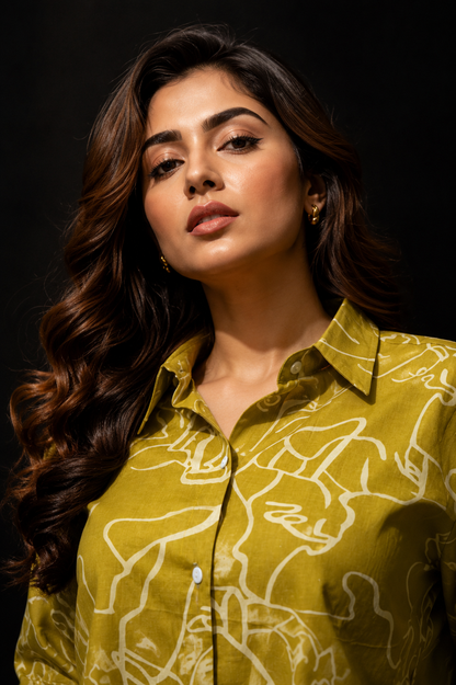 Mustard Yellow Printed Co-ord Set – Shirt & Wide Leg Pants