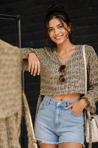 Olive Green Geometric Print Cotton Blend Tie-Sleeve Crop Top – Casual & Summer Wear for Women