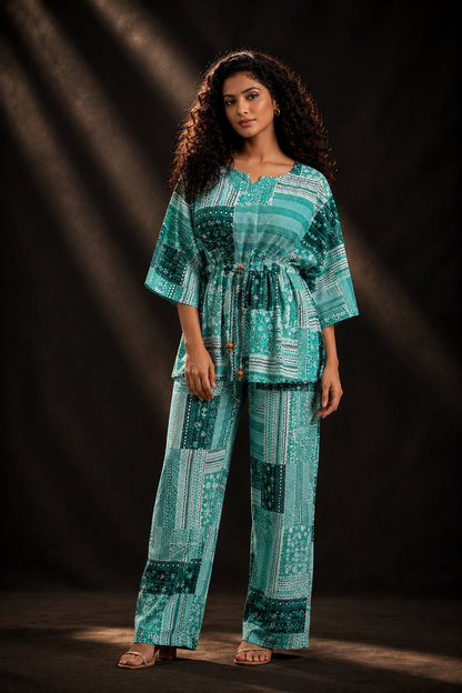 Teal Patchwork Print Cotton Kaftan Co-ord Set – Kaftan Top & Wide-Leg Palazzo Pants | Loungewear & Resort Wear for Women