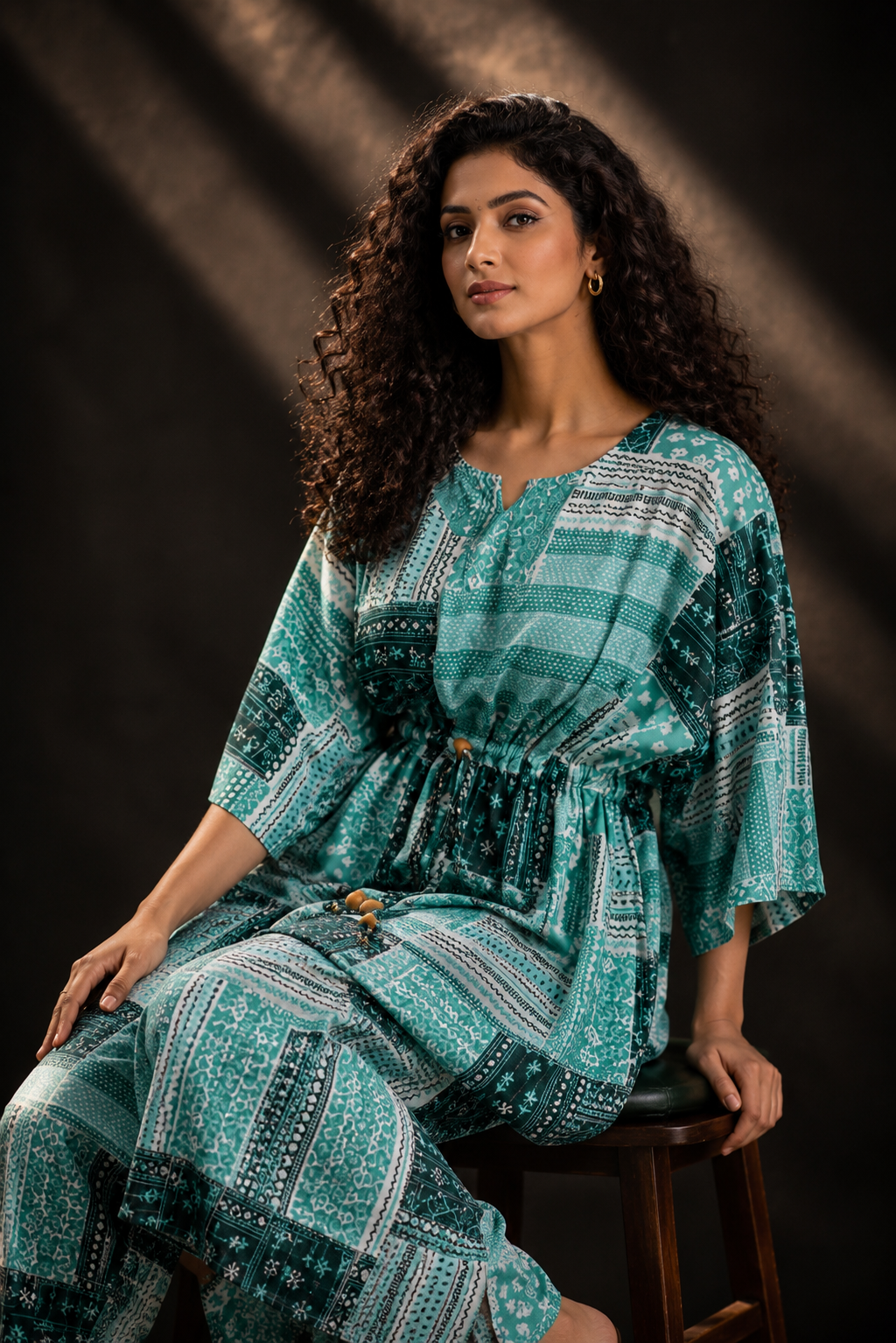 Teal Patchwork Print Cotton Kaftan Co-ord Set – Kaftan Top & Wide-Leg Palazzo Pants | Loungewear & Resort Wear for Women