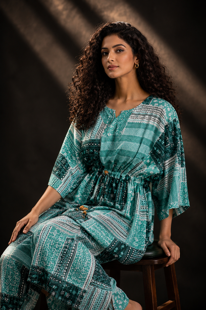 Teal Patchwork Print Cotton Kaftan Co-ord Set – Kaftan Top & Wide-Leg Palazzo Pants | Loungewear & Resort Wear for Women