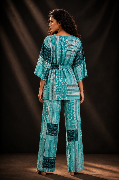 Teal Patchwork Print Cotton Kaftan Co-ord Set – Kaftan Top & Wide-Leg Palazzo Pants | Loungewear & Resort Wear for Women