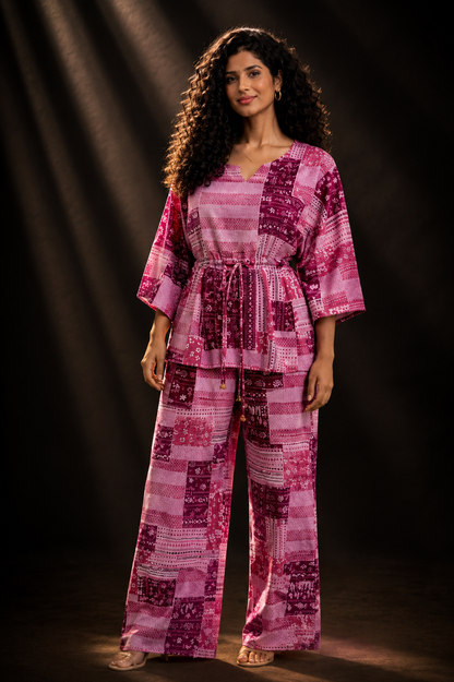 Pink Patchwork Print Cotton Kaftan Co-ord Set – Kaftan Top & Wide-Leg Palazzo Pants | Loungewear & Resort Wear for Women