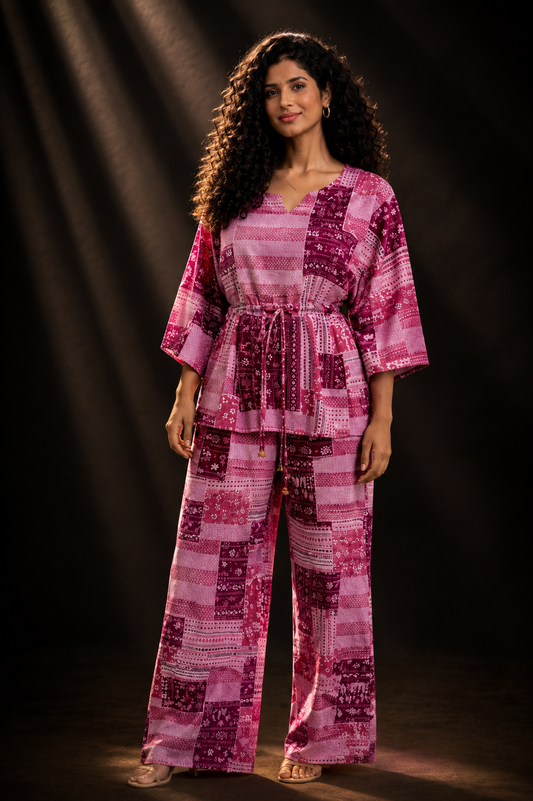 Pink Patchwork Print Cotton Kaftan Co-ord Set – Kaftan Top & Wide-Leg Palazzo Pants | Loungewear & Resort Wear for Women