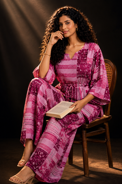 Pink Patchwork Print Cotton Kaftan Co-ord Set – Kaftan Top & Wide-Leg Palazzo Pants | Loungewear & Resort Wear for Women