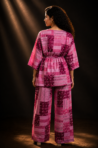 Pink Patchwork Print Cotton Kaftan Co-ord Set – Kaftan Top & Wide-Leg Palazzo Pants | Loungewear & Resort Wear for Women