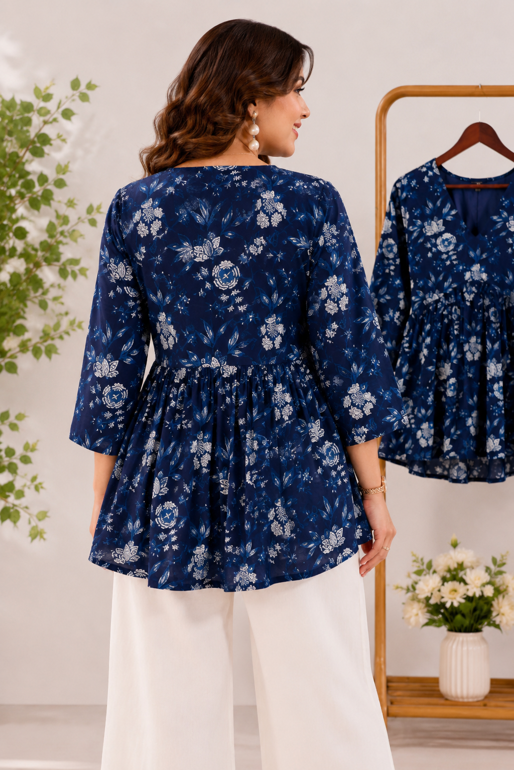 Navy Blue Floral Rayon Peplum Top for Women | V-Neck Bell Sleeve Casual, Office & Beach Wear Kurti Top