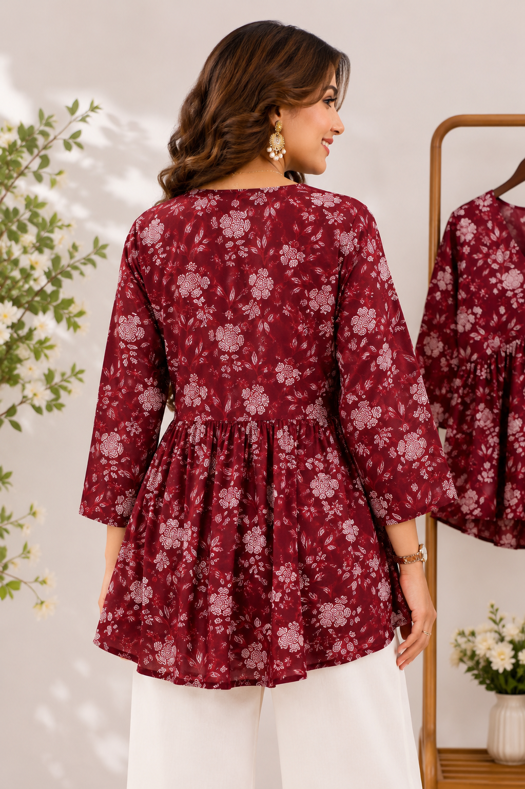 Maroon Floral Rayon Peplum Top for Women | V-Neck Bell Sleeve Casual & Office Wear Kurti Top