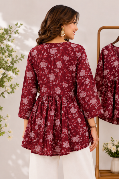 Maroon Floral Rayon Peplum Top for Women | V-Neck Bell Sleeve Casual & Office Wear Kurti Top