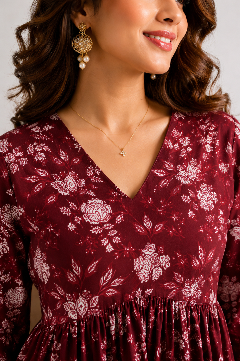 Maroon Floral Rayon Peplum Top for Women | V-Neck Bell Sleeve Casual & Office Wear Kurti Top