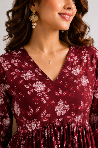Maroon Floral Rayon Peplum Top for Women | V-Neck Bell Sleeve Casual & Office Wear Kurti Top