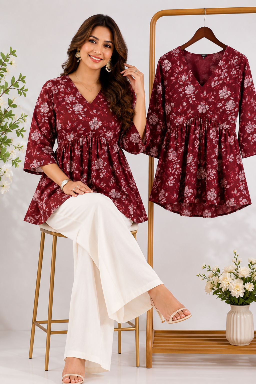 Maroon Floral Rayon Peplum Top for Women | V-Neck Bell Sleeve Casual & Office Wear Kurti Top
