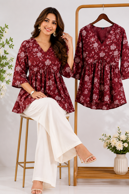 Maroon Floral Rayon Peplum Top for Women | V-Neck Bell Sleeve Casual & Office Wear Kurti Top